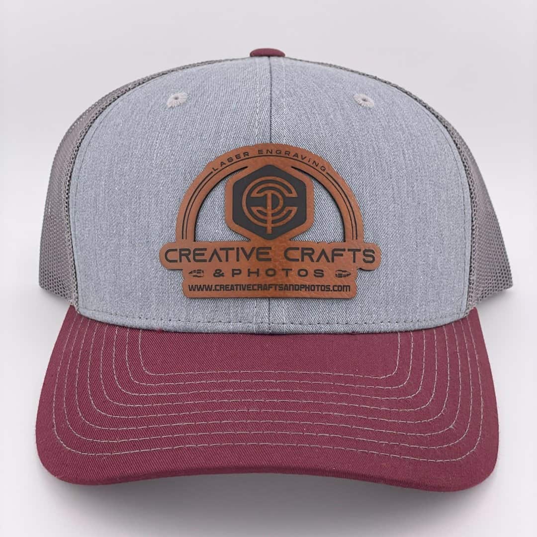 112 - CCP White Gray and Crimson Richardson 112 Hat with Creative Crafts and Photos Logo Engraved on Brown Leatherette Patch.