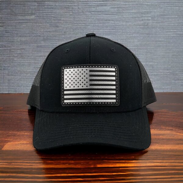 Black Richardson 112 Hat with silver and black American Flag Engraved.