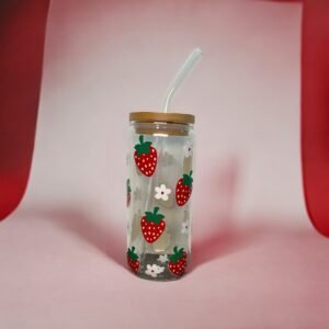 Glass cup with bamboo lid showing strawberry's alternating with strawberry flowers.