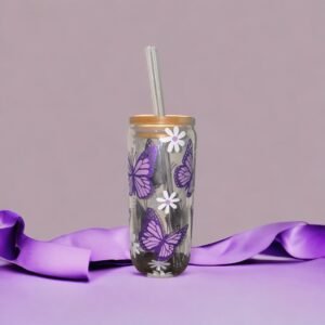 Glass cup with bamboo lid showing monarch butterfly's and daisy flowers.