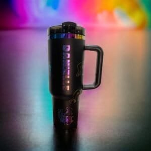 Black 40 oz Tumbler with Rainbow engraving of Wrestling Mom