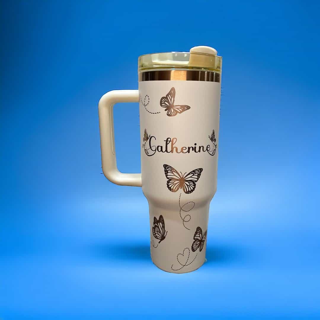 Cream 40 oz Tumbler with Copper engraving of Butterflies