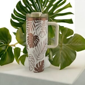 Cream 40 oz Tumbler with Copper engraving of Monstera Leaves